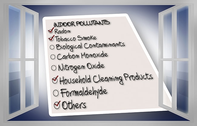 Utopia Indoor Air Quality - Checklist of indoor pollutants including radon, tobacco smoke, biological contaminants, carbon monoxide, nitrogen oxide, household cleaning products, formaldehyde, and others!